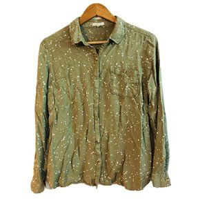 Maurice Womens Large Sage Green Polka Dots Long Sleeve Button Top Blouse
